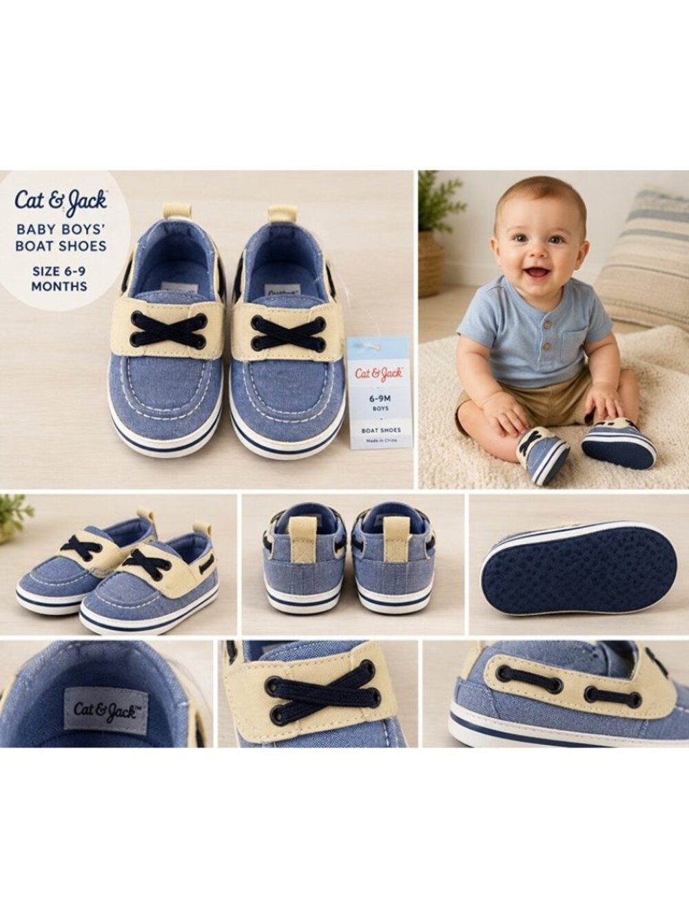 Cat & Jack Baby Boys Chambray Boat Shoes Blue Cream 6-9M NWT